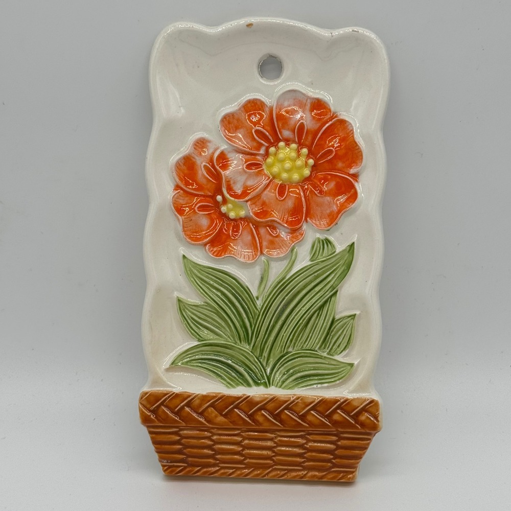 Vintage Japan Ceramic Spoon Rest Wall Hanging Plaque Orange Flower Basket 7x3.5
